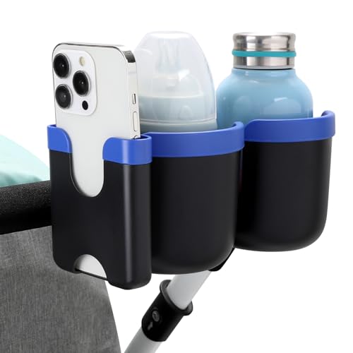 Accmor Stroller Cup Holder with Phone Holder, Bike Cup Holder, Universal Cup Holder for Uppababy Nuna Doona Strollers, 2-in-1 Cup Holder for Walker, Wheelchair, Scooter - color: Double Holder-Blue