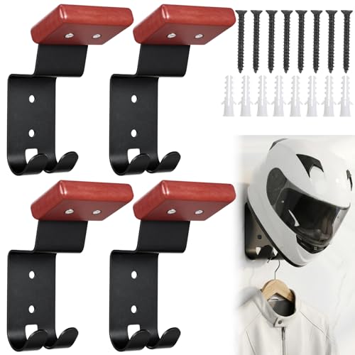 4 Pcs Motorcycle Helmet Holder with Solid Wood and Strong Steel Design Wall Mount Helmet Hanger Hooks Motorcycle Gear Rack for Football Sports Accessory (Classic, Wood)