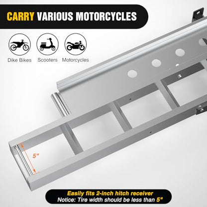Nilight Motorcycle Hitch Carrier 400LBS, Lightweight Robust Aluminum Dirt Bike Hitch Hauler with 55.11" Longer Ramp, Pin Lock, Tie-Down Strap and Tightener, 2" Receiver, 5" Wide Tire - color: Motorcycle Hitch Carrier Aluminum 400 LBS