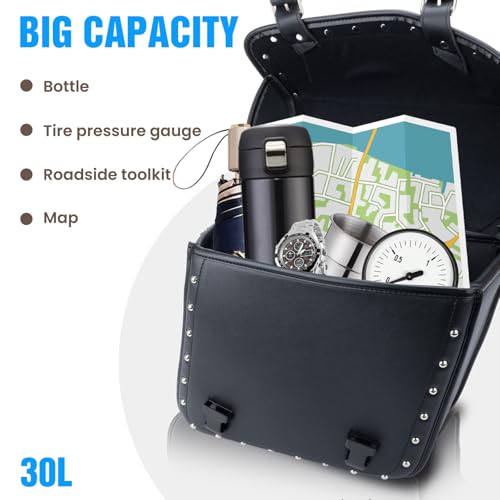 30L Motorcycle Saddlebag Water-Resistant PU Leather Storage for Harley Sportster Softail Dyna Honda Shadow, Quick-Install Design with Reinforced Straps, Large Capacity Luggage Bags