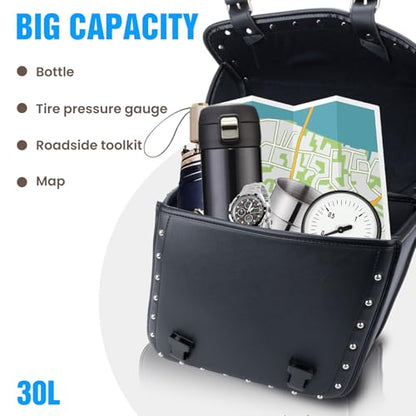 30L Motorcycle Saddlebag Water-Resistant PU Leather Storage for Harley Sportster Softail Dyna Honda Shadow, Quick-Install Design with Reinforced Straps, Large Capacity Luggage Bags