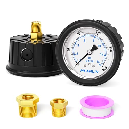 MEANLIN MEASURE 0~200Psi Stainless Steel 1/4" NPT 2.5" FACE DIAL,Liquid Filled Pressure Gauge, Center Back Mount (with Rubber Protective Sleeve), with 1/2" NPT and 3/8" NPT Hex Bushing - size: 0-200Psi