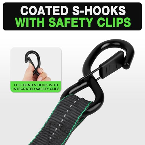 Retractable Ratchet Straps (4 Pack) -(1,500lb Break Strength) -1 Inch x 12 Feet Heavy Duty Auto Self Retracting Tie Down Straps (Black-Green) - color: Black-Green Retractable