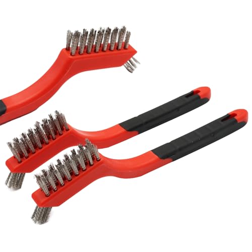 3PCS Stainless Steel Little Wire Brush Set, Curved Handle Brush for Cleaning Rust Removal in Holes DIY Enthusiasts - style: Red-Stainless Steel