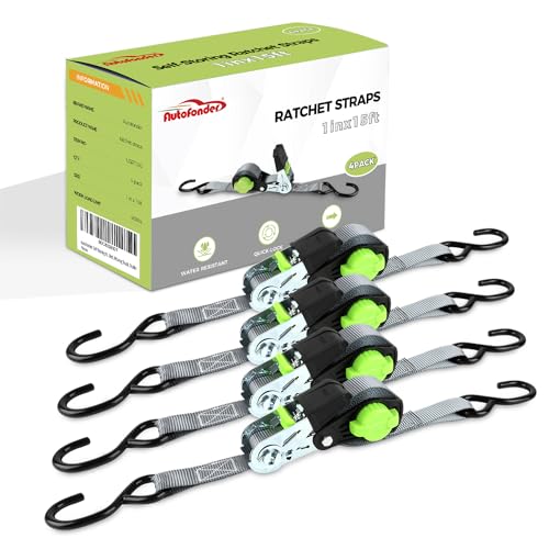 Ratchet Straps Heavy Duty 4 Pack -1in x 15 FT - 1500 LB Break Strength – with Chromoly S Hooks - Cargo Straps for Moving, Appliances, Motorcycle-Self-Storing NeatStrap - color: Green