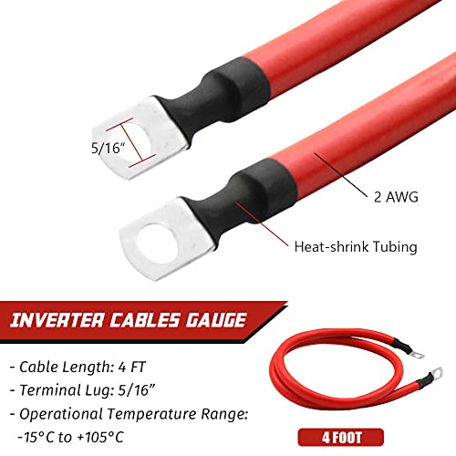 2 AWG Gauge Battery Cable Red Black Pure Copper Battery Cables Power Inverter Wire Set for Solar RV Car Boat Automotive Marine Motorcycle with 5/16 in Lugs (4FT) - size: 4 ft