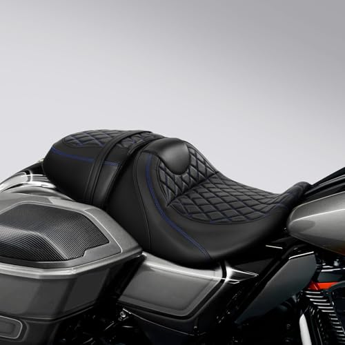 C.C. RIDER Low-Profile Rider&Passenger Seat Gel Seat Fit for Harley Touring 2023-2025 CVO Street Glide FLHXSE CVO Road Glide FLTRXSE 2024-2025 Street Glide FLHX Road Glide FLTRX FLTRXSTSE - size: 06# Gel Black+ Blue Stitchs
