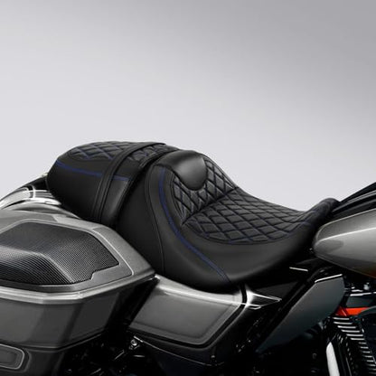 C.C. RIDER Low-Profile Rider&Passenger Seat Gel Seat Fit for Harley Touring 2023-2025 CVO Street Glide FLHXSE CVO Road Glide FLTRXSE 2024-2025 Street Glide FLHX Road Glide FLTRX FLTRXSTSE - size: 06# Gel Black+ Blue Stitchs