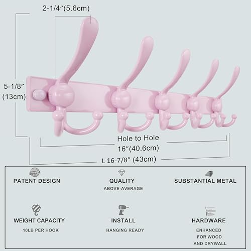 Dseap Coat Rack Wall Mount, Heavy Duty 12-Gauge Base vs Flimsy 1mm, Double-Thick Solid Anti-Snap Hooks, 16” Stud-Mount, Stainless Steel Hanger for Clothes Hat Entryway Closet Mudroom, Pink - color: Pink, size: L=17" (1pcs)