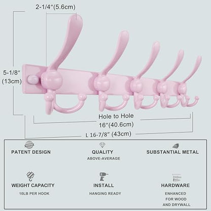 Dseap Coat Rack Wall Mount, Heavy Duty 12-Gauge Base vs Flimsy 1mm, Double-Thick Solid Anti-Snap Hooks, 16” Stud-Mount, Stainless Steel Hanger for Clothes Hat Entryway Closet Mudroom, Pink - color: Pink, size: L=17" (1pcs)