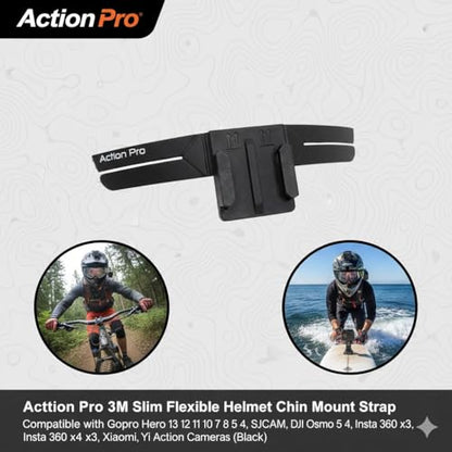 Action Pro 3M Slim Flexible Helmet Chin Mount Strap Compatible with GoPro Hero 13 12 11 10 9 8 7 6 5 4, SJCAM, DJI Osmo 5 4, Insta 360 x4 x3, SJCAM, Xiaomi, Yi Action Cameras (Black)