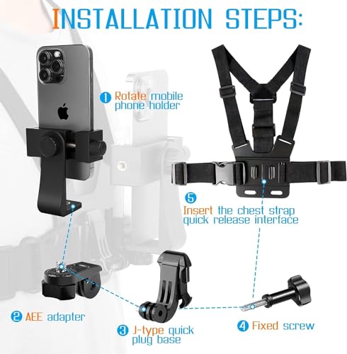 Mobile Phone Chest Strap Harness Mount Head Strap Holder Kit for POV/VLOG,Cell Phone Clip Compatible with iPhone,Samsung,GoPro Hero 9, 8,7, 6, 5, 4, 3,2, 1,AKASO,DJI Osmo,and Action Cameras…