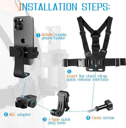 Mobile Phone Chest Strap Harness Mount Head Strap Holder Kit for POV/VLOG,Cell Phone Clip Compatible with iPhone,Samsung,GoPro Hero 9, 8,7, 6, 5, 4, 3,2, 1,AKASO,DJI Osmo,and Action Cameras…