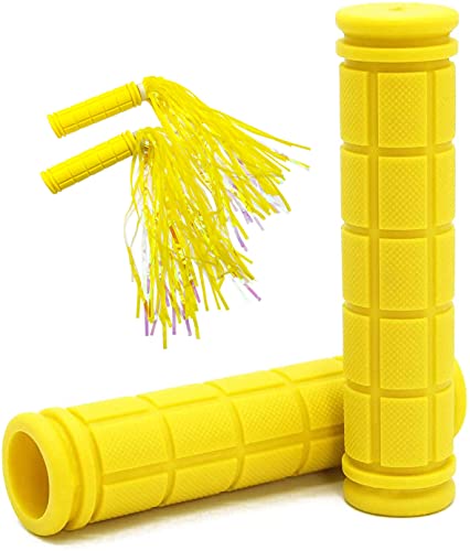 Bike Handle Grips with Tassel Streamers for Girls Boys and Kids, Non-Slip Bicycle Handlebar Grips Cover for Mountain Bike, Scooters Road Bike BMX MTB Cycling Replacement Parts - color: Yellow & Streamers