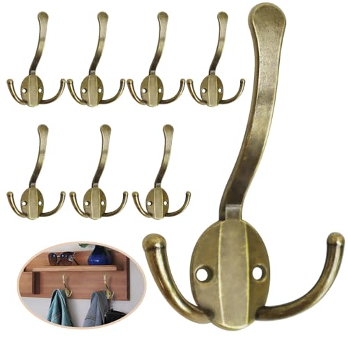 Homanu 8 Pack Coat Hooks Heavy Duty, Metal Three Prongs Large Coat Hooks Wall Mounted with 16 Screws, No Rust Antique Brass Rustic Wall Hooks for Hanging Towel, Coat, Scarf, Bag, Hat, Cup, Key - color: 8 Pcs Antique Brass
