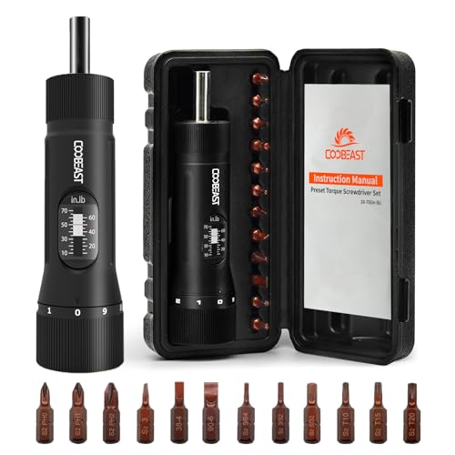 coobeast 13Pcs Preset Torque Screwdriver with S2 Bits, 1/4” Drive Torque Wrench Screwdriver Set for Maintenance, Tools, Bike Repairing and Mounting, Inch Pound Torque Range 10-70 In-lb - size: 13 PCS