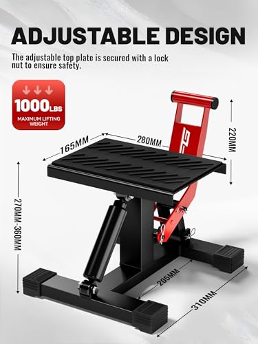 JFG RACING Motorcycle Dirt Bike Stand 1000Lbs Capacity Lift Jack Hoist Table Height Adjustable Lifting Stand Ideal for Dirt Pit Bike Repair&Maintainance,Dirt Bike Accessories - color: red