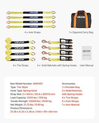 VEVOR Wheel Chock Tie-Down Kit, Tire-Style Trailer Tie Down Strap, Car Tie Down Kit with Spring Hook, Break Strength 10009 lbs & Working Load 3333 lbs Motorcycle System for ATV, SUV, Trailer - style: Tire-Style with Spring Hook