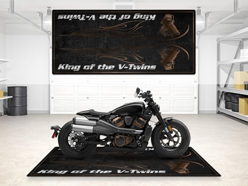 Garage Mat with V-Twins Lettering for Chopper and Custom Motorcycles, Parking Mat, Washable Non-Slip Garage and Showroom Floor Carpet (Vivid Black, Size 1 : 86.6 x 39.4/220 x 100 cm) - color: Vivid Black, size: 3'3" x 7'3" (Oblong)