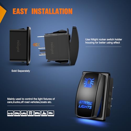 Nilight Strobe Lights Rocker Switch Led Light Bar 5 Pin Laser On Off SPST Switches 20A/12V 10A/24V Blue with Jumper Wires Set for Cars Trucks Boats ATVs UTVs RVs - size: STROBE LIGHTS