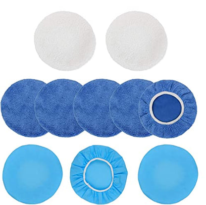 10PCS 9-10 inch Polisher Pad Bonnet Orbital Car Buffing Polishing Pad Cover - 5PCS Microfiber, 3PCS Wax Buffer, 2PCS Woolen Fleece Polishing Bonnet