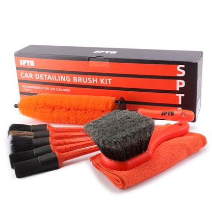 SPTA 8Pcs Wheel & Tire Brush Car Detailing kit, Easy Reach Wheel and Rim Brush, 5pcs Detailing Brushes, Short Handle Cleaning Brush, 1pc Microfiber Cleaning Cloth, Great to Clean Dirty Tires