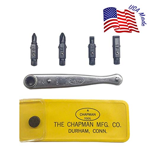 Chapman MFG 2021 Pocket Screwdriver Set - 6 Pieces - Includes Phillips & Slotted/Flathead Bits, Complete Pocket Size Set Offers 4 USA Made Insert Bits, Mini Ratchet Hand Tool + Soft Vinyl Case