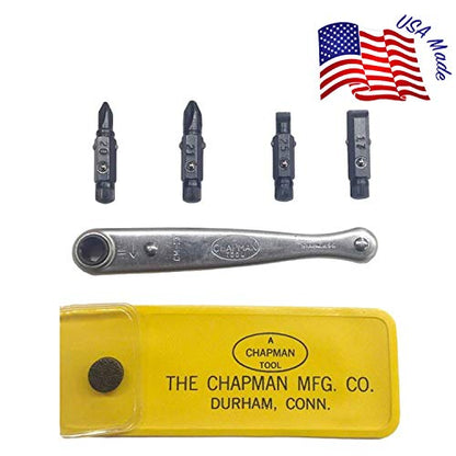 Chapman MFG 2021 Pocket Screwdriver Set - 6 Pieces - Includes Phillips & Slotted/Flathead Bits, Complete Pocket Size Set Offers 4 USA Made Insert Bits, Mini Ratchet Hand Tool + Soft Vinyl Case