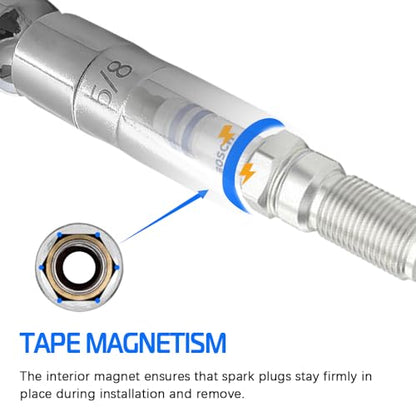 A ABIGAIL 5/8" Swivel Magnetic Spark Plug Socket 3/8 Inch Drive x 6" Total Length 6-Point 360 Degree Swivel Thin Wall Spark Plug Socket Removal Tool Cr-V Steel - size: 5/8”-6inch