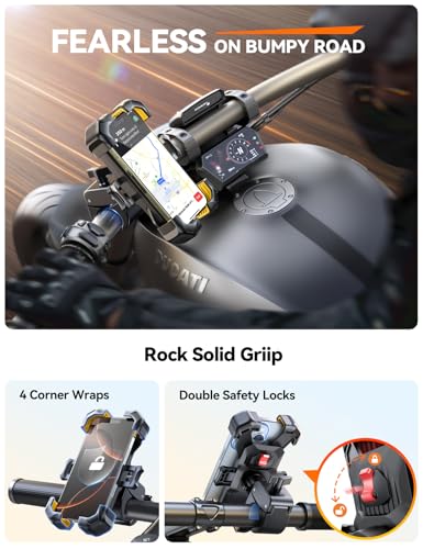 JOYROOM Motorcycle Phone Mount, [1s Auto Lock][100mph Military Anti-Shake] Bike Phone Holder for Bicycle, [10s Quick Install] Handlebar Phone Mount, Compatible with iPhone, Samsung, All Phone, Yellow - color: Yellow