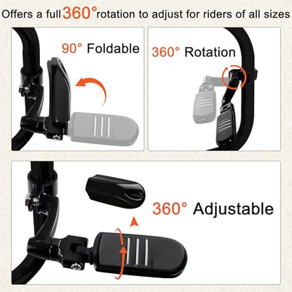 FOVPLUE 1.25" /32mm Highway Foot Pegs w/360° Adjustable Long Mounts Universal for Harley Touring Street Glide/Road Glide/Electric Glide/Road King Indian Motorcycle w/1-1/4" Crash Bar,BLACK#11