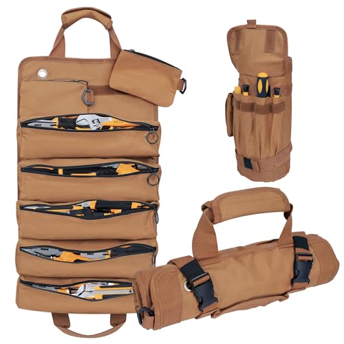 Portable Foldable Roll Up Tool Bag, Heavy Duty Tool Organizer Bag with 5 Compartments & 2 Detachable Pouches for Tools Storage, Waterproof Tool Roll Bag for Dad Men Electrician Gifts - color: Brown