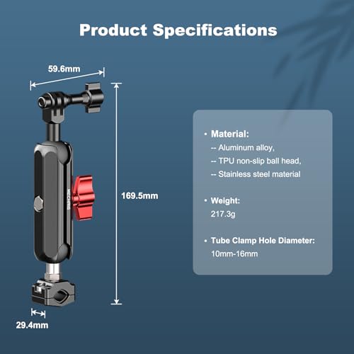 Camera Clamp Mount, Super Camera Mount Dual Ball Head Magic Arm with U-Shaped for Motorcycle Handlebar & Aluminum,Super Clamp for DSLR, Action Camera, Go pr0, Insta360,360° Rotating, 78001 - size: Small(10-16mm)