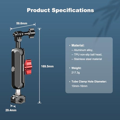 Camera Clamp Mount, Super Camera Mount Dual Ball Head Magic Arm with U-Shaped for Motorcycle Handlebar & Aluminum,Super Clamp for DSLR, Action Camera, Go pr0, Insta360,360° Rotating, 78001 - size: Small(10-16mm)