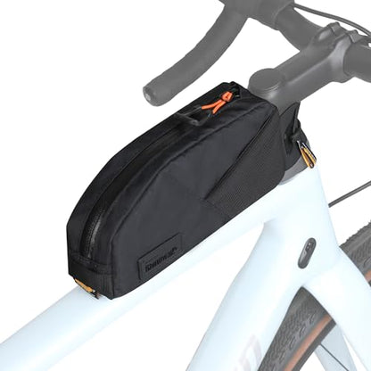 Rhinowalk Bike Frame Bag 1.2L, Waterproof Handlebar Bag with Phone Holder, Small Front Bag with Strap or Screw Mount, Fits Most Bikes – Black - color: Full Black, 1.2L