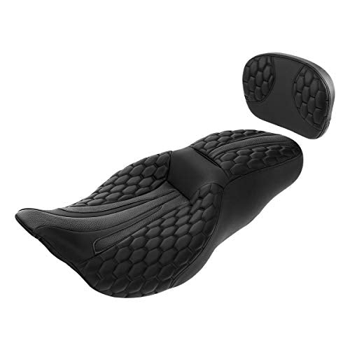 Rider Seat Cushion, SLMOTO 2-Up Motorcycle Seat One-Piece Driver Rider Passenger Seat and Sissy Bar Pad For Harley Touring Road King Street Glide Street Electra Road Glide 2014-2023 - color: Black + Passenger Backrest PAD