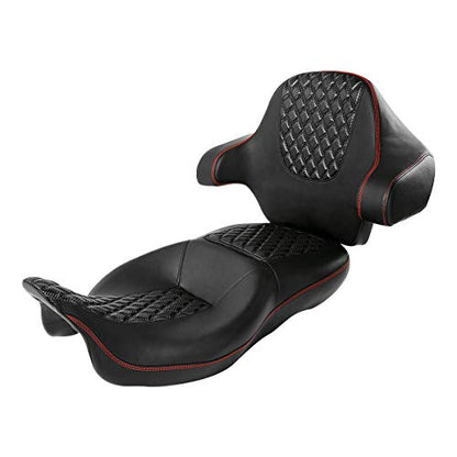 C.C. RIDER One-Piece Driver Passenger Seat with Wrap-around King Tour Trunk Backrest Pad fit for Harley Touring Road King FLHR Street Glide FLHX Road Glide FLTRX 2014-2023 - color: 08# Red+ Backrest