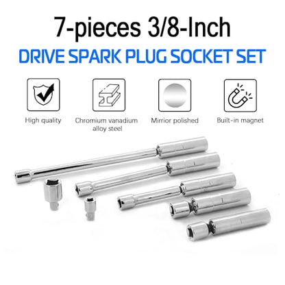 7PCS Magnetic Spark Plug Socket Set Includes 5/8" x 4", 5/8" x 8" and 5/8" x 11" 6-Point, 9/16" x 6" and 14mm x 4" 12-Point Sockets 3/8-inch Drive Magnet Retains Spark Plugs 1/4 and 1/2 Adapters - size: 7PCS Set
