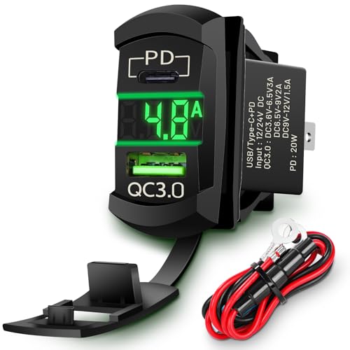 Rocker Switch USB Type C Charger with New Updated Ammeter and Voltmeter Universal Fits Rocker Switch Panel 12V 24V Dual USB Charging Port Outlet for RV Cars Marine Boats ATVs Trailers - color: Green, size: Type C USB Current-voltmeter