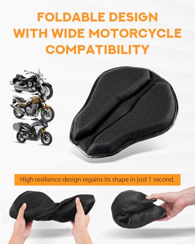 PBYMT Universal Motorcycle Gel Seat Pad, Motorcycle Seat Cushion with Sunshade Cover, Large 3D-Honeycomb Structure TPE Shock Absorption and Breathable for Long Rides