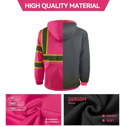 KARXICIY ZUJA Hi Vis Reflective Safety Jacket for Men Women Construction Jacket with Hood High Visibility Safety Rain Jacket - color: Pink - Thickening, size: 4X-Large