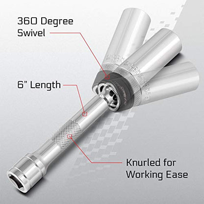 CARBYNE 9/16 in. Magnetic Swivel Spark Plug Socket, 3/8 in. Drive, Deep Well, 6-Point, CrV Steel, 360 Degree Swivel Joint, Ultra-Strong Retention Magnet