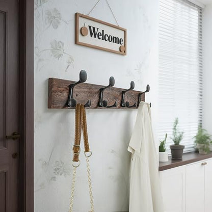 WEBI Coat Rack Wall Mount,24" Solid Wood Coat Hooks Wall Mounted Coat Hanger,16" Hole to Hole,Heavy Duty Hook Rack Rail,4 Triple Hooks for Hanging Coats,Jacket,Clothes,Hat,Backpack,Weathered Brown - color: Weathered Brown, size: 24 Inch