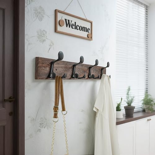 WEBI Coat Rack Wall Mount,24" Solid Wood Coat Hooks Wall Mounted Coat Hanger,16" Hole to Hole,Heavy Duty Hook Rack Rail,4 Triple Hooks for Hanging Coats,Jacket,Clothes,Hat,Weathered Brown,2 Packs - color: Weathered Brown, size: 24 Inch(2 Pcs)