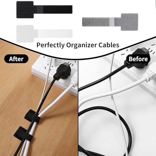 60PCS Hook and Loop Cable Straps, Self Adhesive Cable Clips, Reusable Hook and Loop Cables Ties for Cord Management, Adjustable Cables Organizers for Home & Office, Gray Black White
