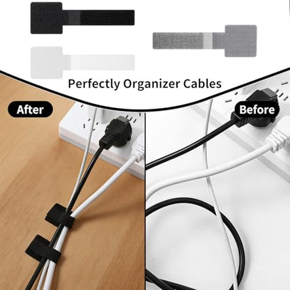 60PCS Hook and Loop Cable Straps, Self Adhesive Cable Clips, Reusable Hook and Loop Cables Ties for Cord Management, Adjustable Cables Organizers for Home & Office, Gray Black White