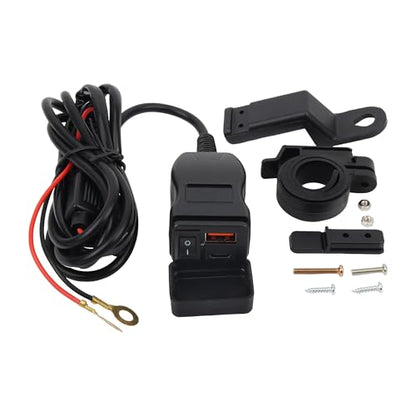 Motorcycle USB Charger QC 3.0 Phone Charger Dual USB Type C Voltmeter Switch Compatible with Phone Tablet Black