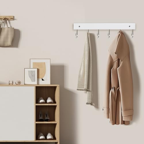 2 Pack Coat Rack Wall Mount with 12 Rotating 180° Coat Hooks, 14.6" Rustproof Wooden Entryway Organizer, Wall Hooks for Hanging Coats, Purse, Hats, Jackets, Towels, Space Saving Hanger (White) - color: White