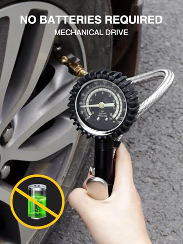 AZUNO Heavy Duty Tire Pressure Gauge, Tire Inflator Gauge 230PSI Air Chuck Air Compressor Attachments, with Steel Braided Hose, Large 2.6" Glow Dial & Quick Connect Coupler, for Truck/Car/SUV/RV/Bike - size: 230 PSI Analog For Truck&RV