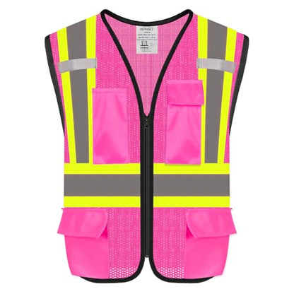 Safety Vest with Pockets - High Visibility Reflective Mesh Vest for Men & Women - color: Pink, size: Large